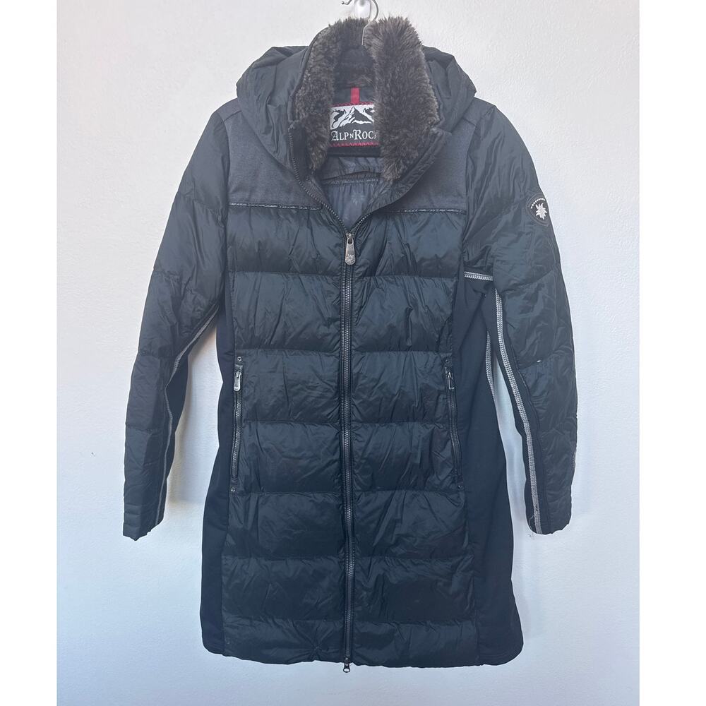 Alp n' Rock Faux Fur Collar Mid-Length Hooded Down Puffer Jacket Black Women L